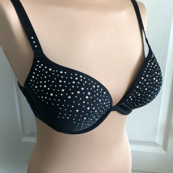 AMBRIELLE MISTIQUE PLUNGE EXTREME PUSH-UP CRYSTALS BLACK CONVERTIBLE BRA 36D - Picture 4 of 10